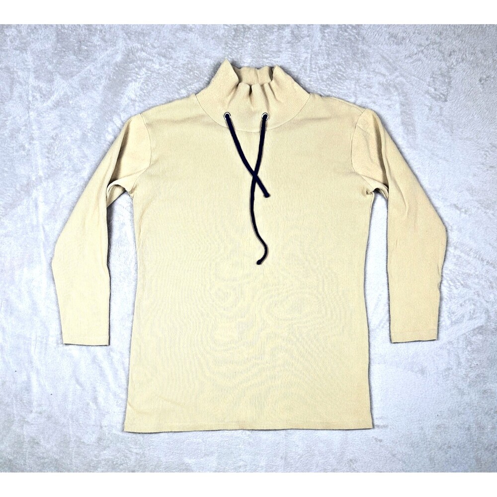 Vintage Peker Tunic Women's XL Tan Long Sleeve Mock Neck Navy Drawstring Top